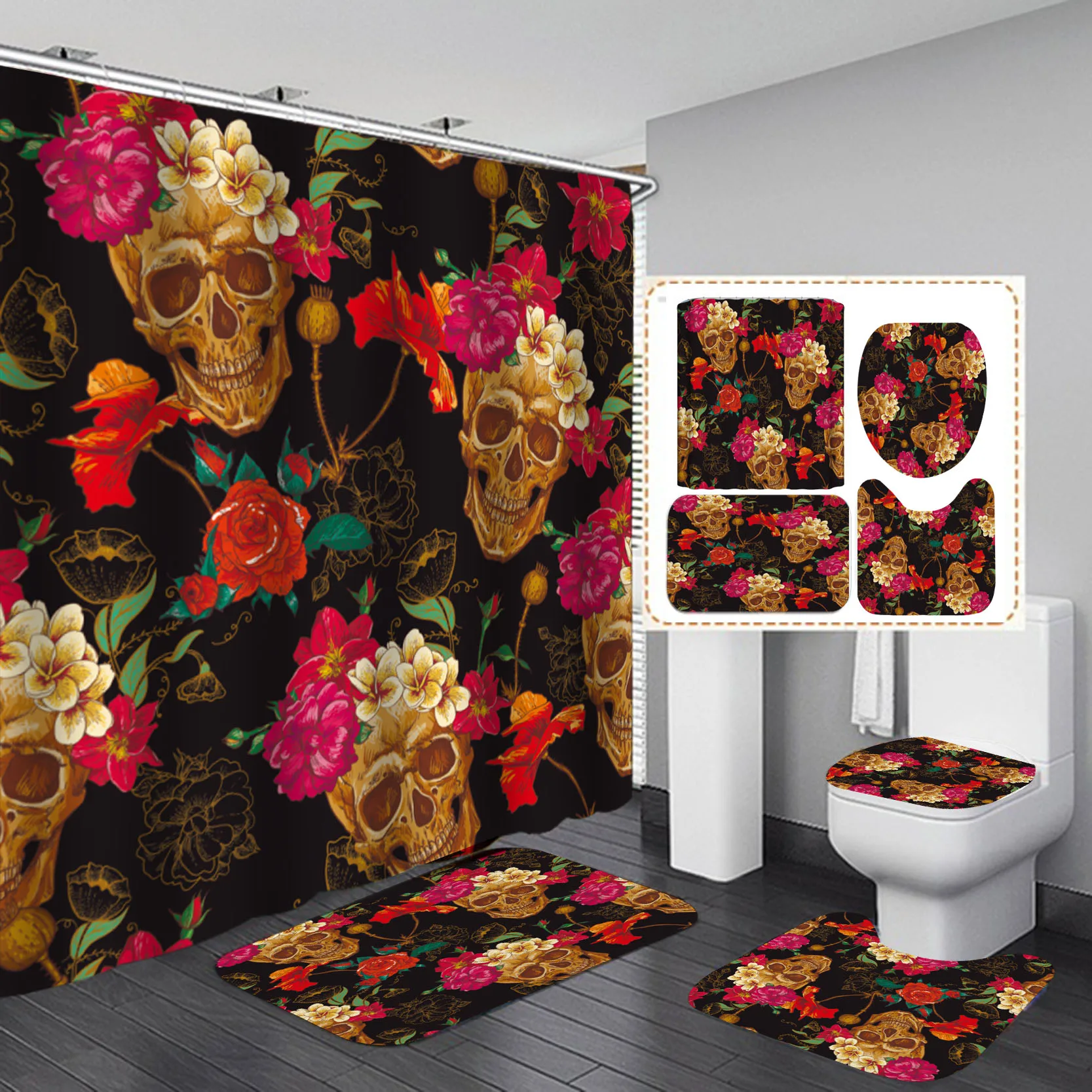 funny skull skeleton print shower curtain set halloween festival home decor bath mat toilet lid cover flannel bathroom carpet free global shipping