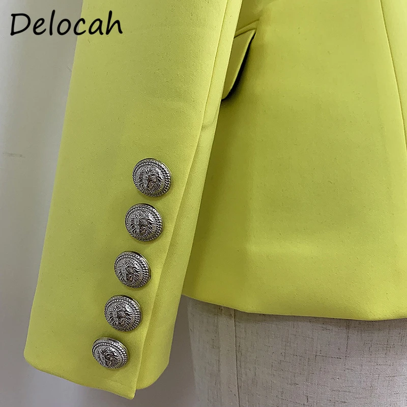 

Delocah Women Autumn Fashion RunwayShort Jacket Long Sleeve Double Breasted Fake Pocket Bodycon Ladies Yellow Coats Outerwear
