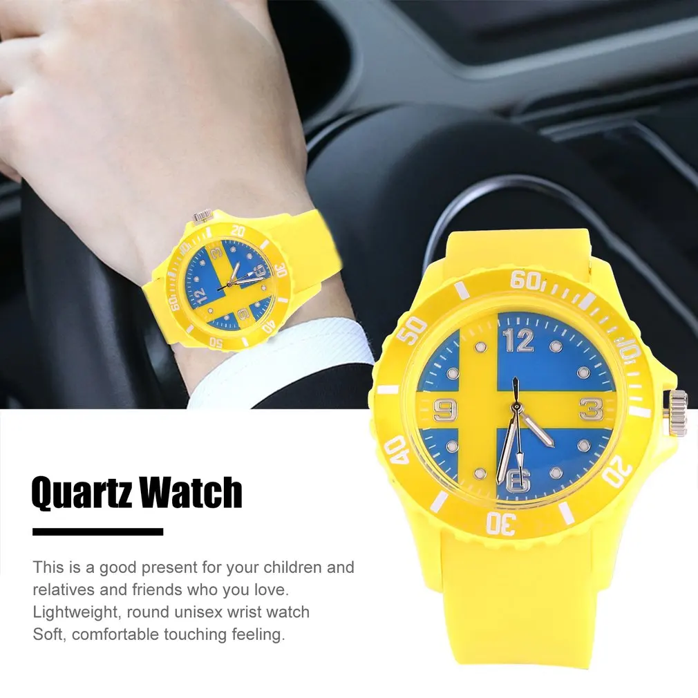 Кварцевые часы с рисунком флага Швеции/России желтый цвет силиконовый ремешок