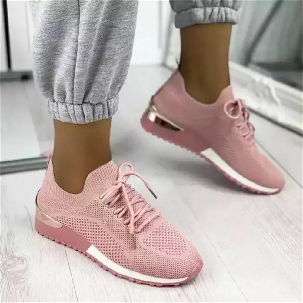 

Женские сетчатые кроссовки, дышащие, вязаная ткань, на шнуровке, повседневная обувь на плоской подошве, большие размеры 35-43, лето