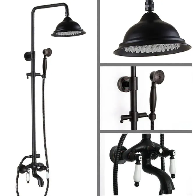 

Black Oil Rubbed Brass Wall Mount 8" Rain Bathroom Rainfall Shower Faucet Set with Hand Spray Shower Head Tub Mixer Tap 2hg047