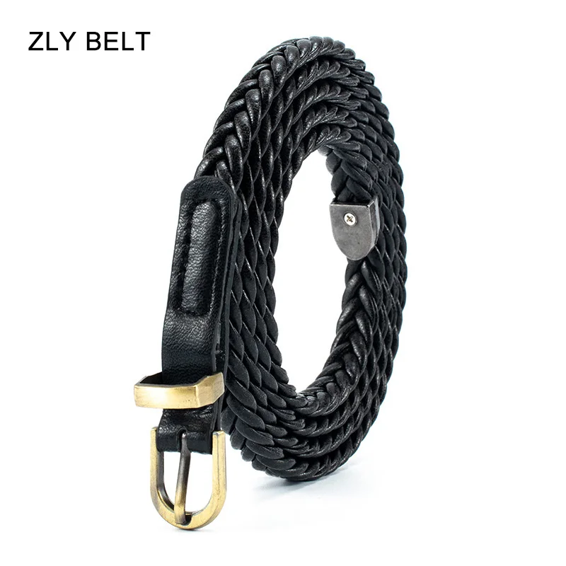 2022 New Fashion Belt Women Men Uniex Slender Type Weave Style Alloy Golden Pin Buckle PU Leather Material Casual Formal Belt