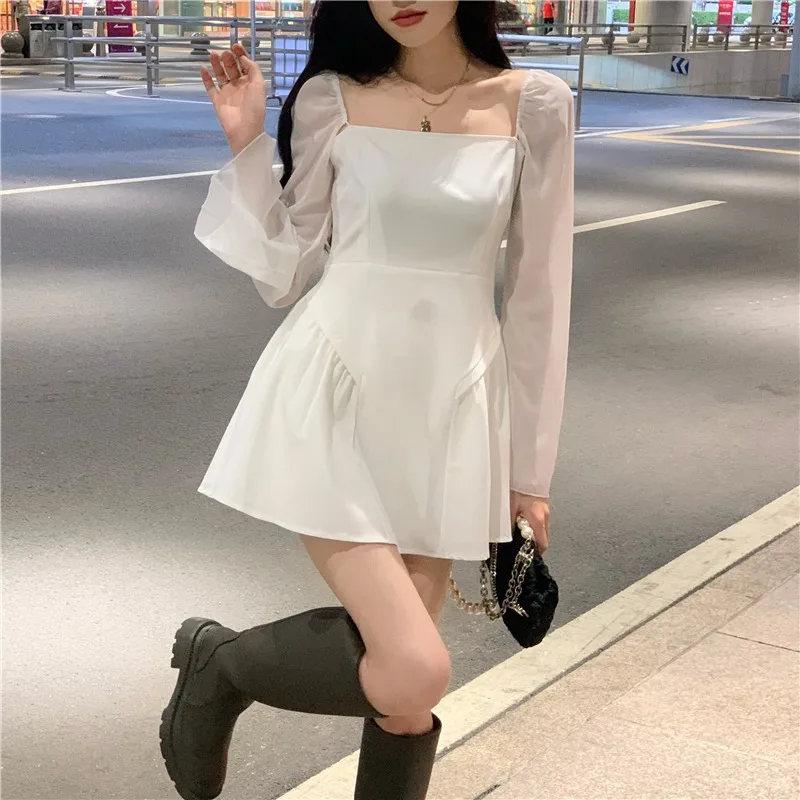 

Ins Aesthetic Folds A-LINE Square Collar Solid Mini Long Sleeve Dress Autumn 2021 New Dresses for Women Korean Fashion Clothing