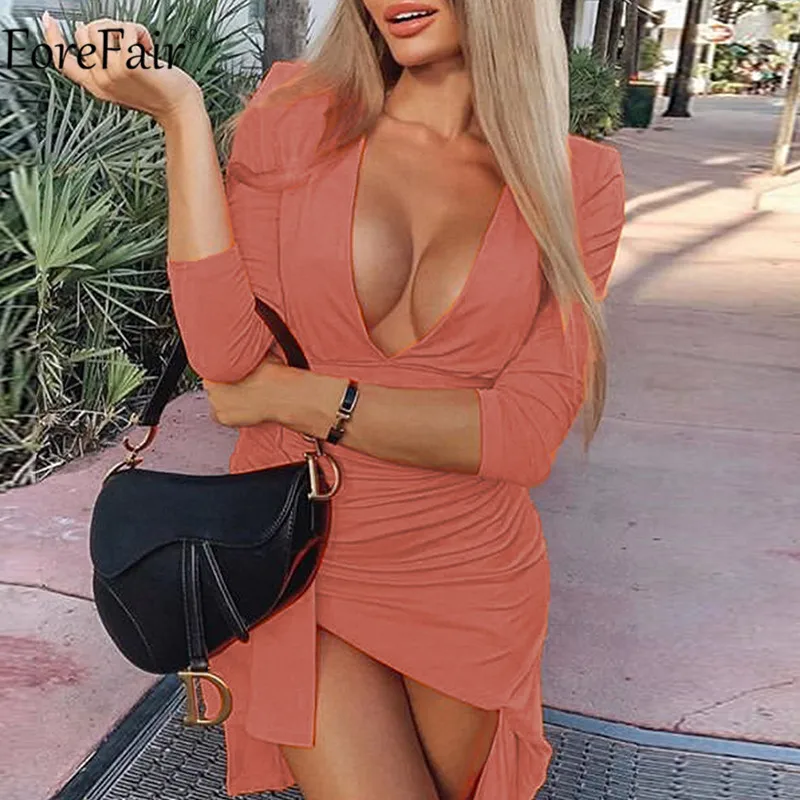 

Forefair V Neck Black Long Sleeve Sexy Irregular Pleated Women Dress Casual Solid Party Night Club Autumn Streetwear Dresses