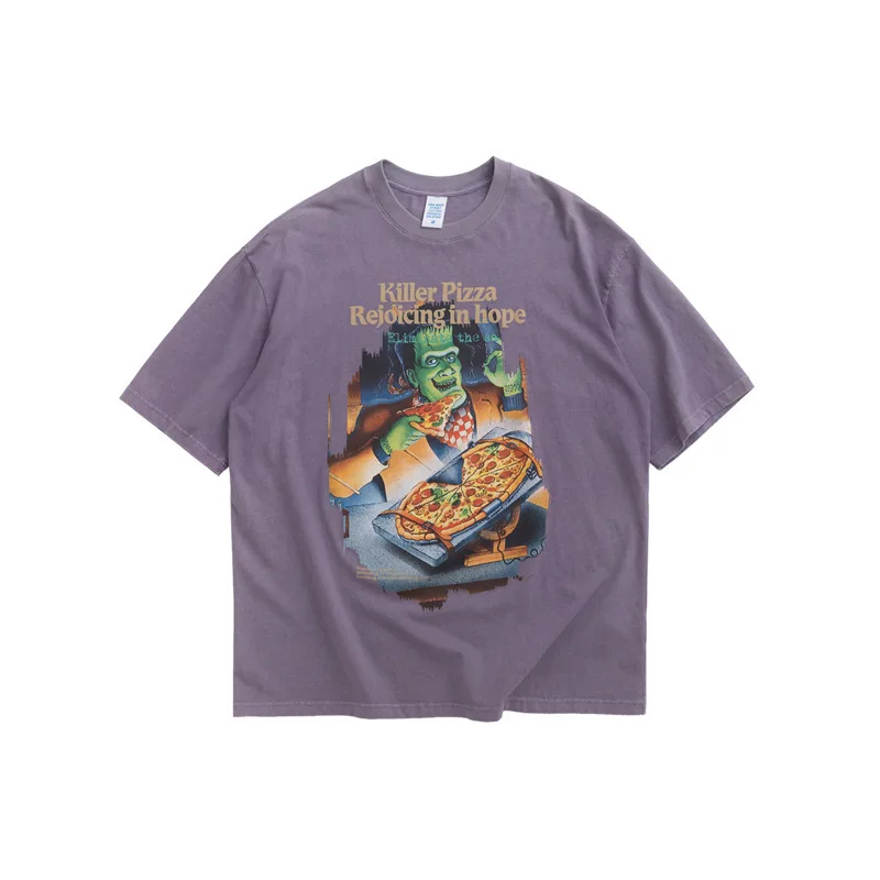 

Fashion Cartoon Killer Pizza Printing Drop Shoulder Sleeve T-Shirt High Street Trend Hip-Hop Cotton Unisex T Shirt NO75