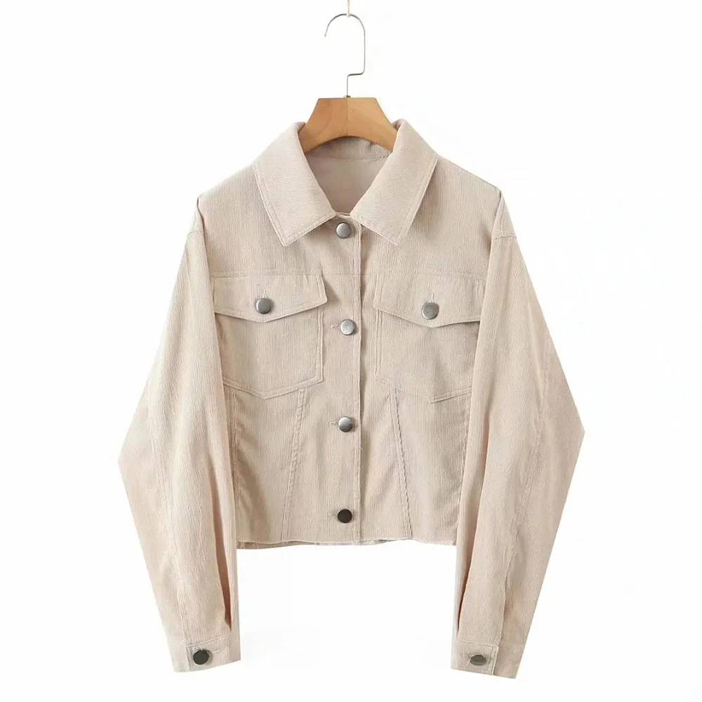 

XEASY 2021 Women Vintage Solid Corduroy Long Sleeve Office Lady Jacket Female Single-Breasted Streetweaer Chic Short Top