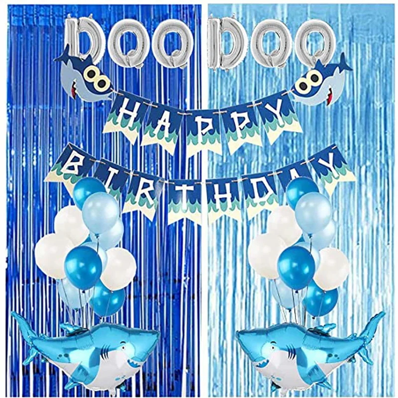 

Shark Decorations,Metallic Foil Fringe Curtain,Shark Balloons,Shark Birthday Banner,Foil Balloons for Ocean Themed Party