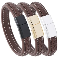 new fashion casual men bangle alloy pu leather bracelet male simplicity vintage magnetic clasp braid bracelet jewelry gift