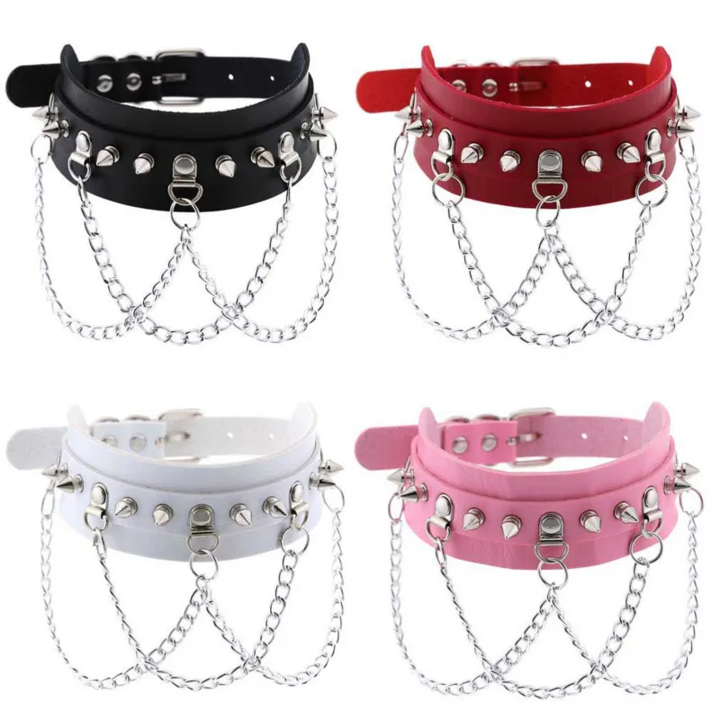 

Gothic exaggerated PU leather collar necklace punk metal chain neckband clavicle chain spiked choker big spike choker