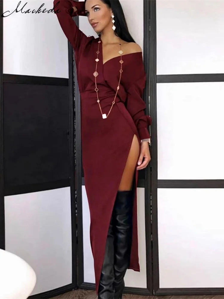 

Macheda Autumn new long sleeve dress side waist high slit sexy fashion show long legs women's party dress slim and comfortable