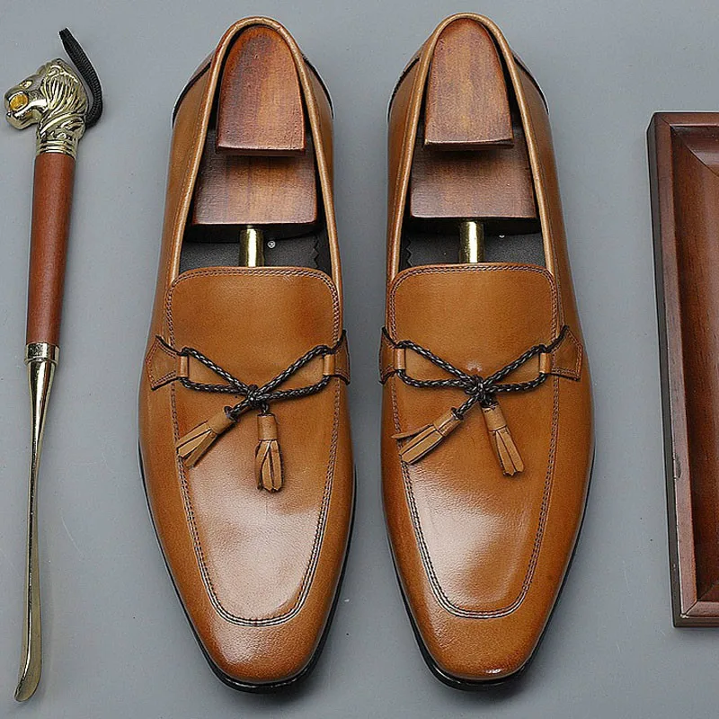 Туфли мужские парадные из натуральной кожи Роскошные без застежки с бахромой для