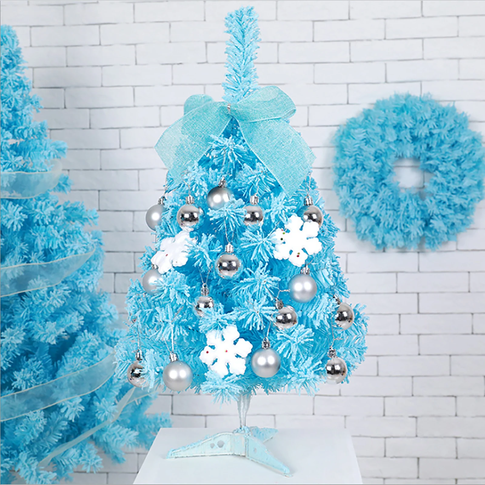 

60cm Mini Christmas Tree Snowflake Color Silver Ball Flocking Pine Tree Cedar DIY Desktop Set Christmas Party Decoration Gift