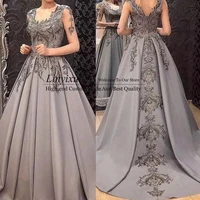 gray a line prom dresses 2021 women formal party night robe de soiree elegant appliques transparent long sleeves evening gowns