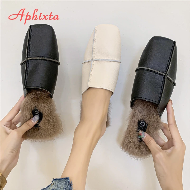 Aphixta/зимние теплые женские шлепанцы с натуральным кроличьим мехом; женские пушистые тапочки; женские шлепанцы на плоской подошве с квадратным носком