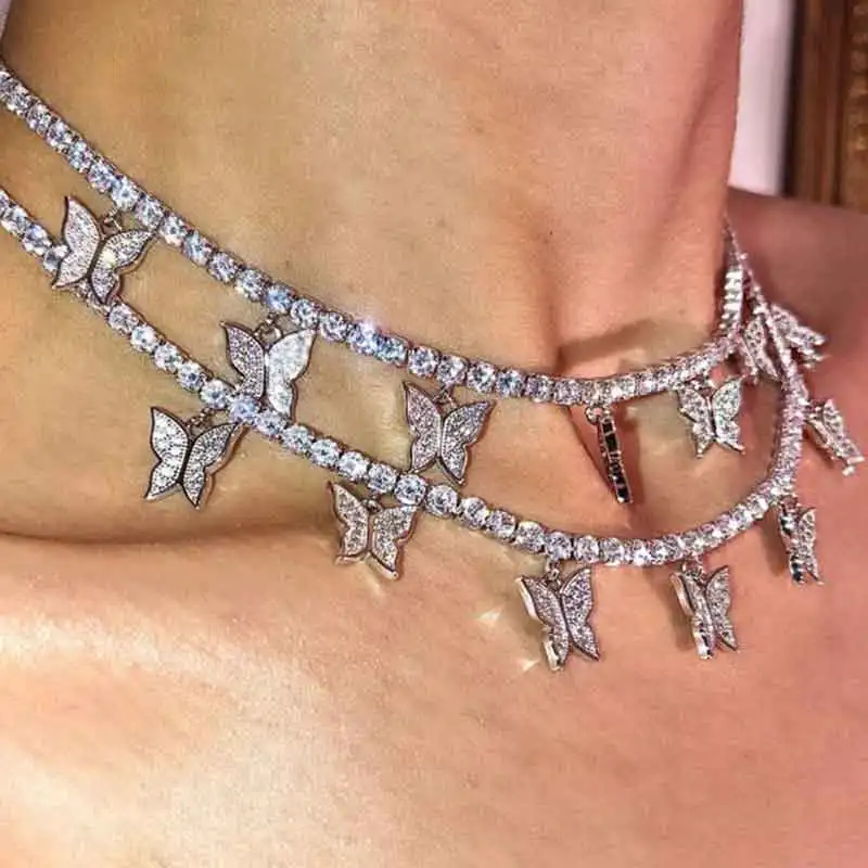 

New Luxury Butterfly Rhinestone Pendant Necklace Women Bling Tennis Chain Necklace New Design Wedding Jewelry Party Gift