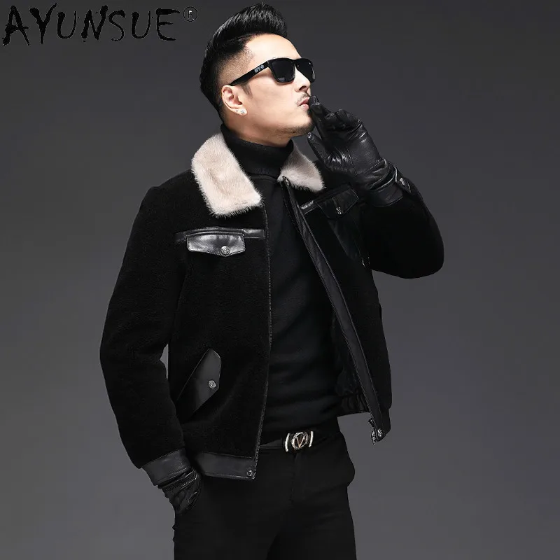 

AYUNSUE Real Fur Coat Men Winter Jacket 100% Wool Coats Mink Collar Leather Jacket Men Sheep Shearing Fall Men's Jackets19-2701