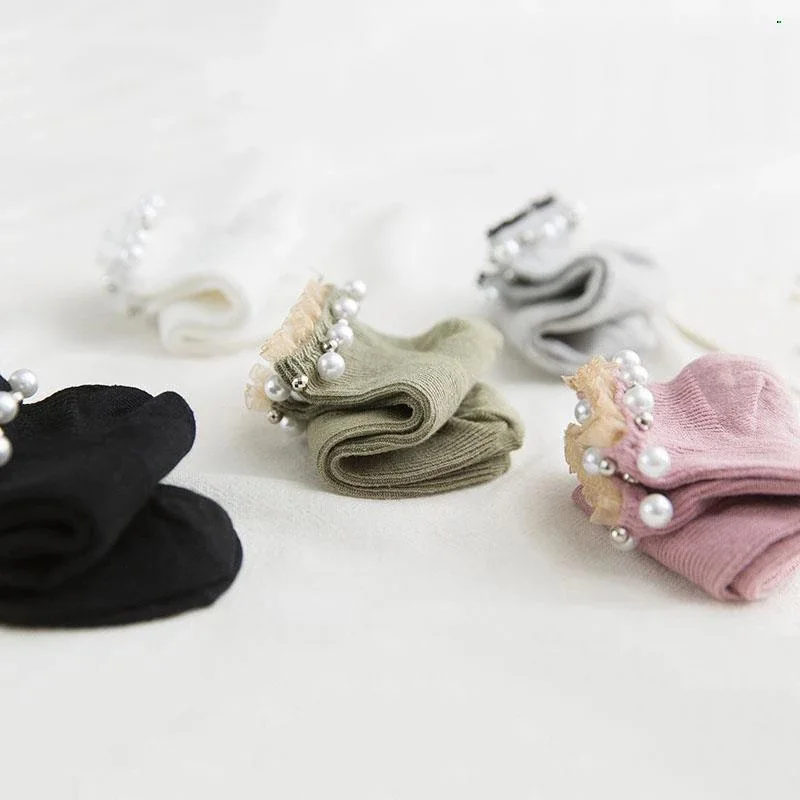 Носки женские кружевные однотонные дышащие хлопковые милые модные с жемчугом в