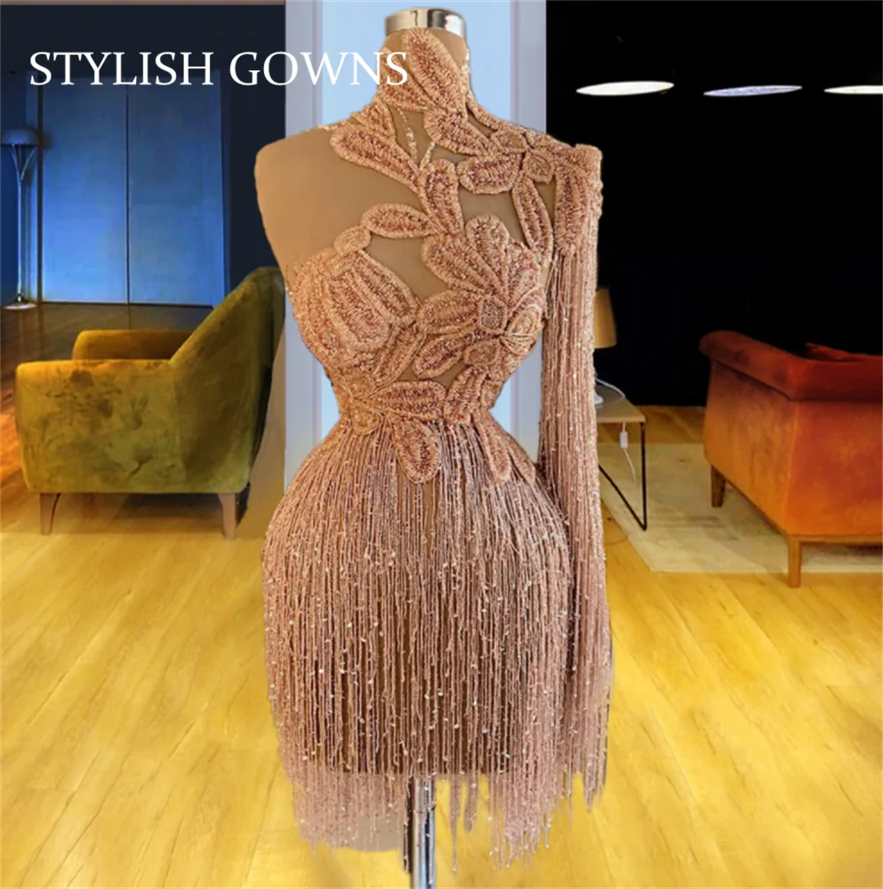 

Sexy High Neck Short Prom Dresses 2021 Tassel Party Gowns Mermaid Mini Robes De Cocktail Homecoming
