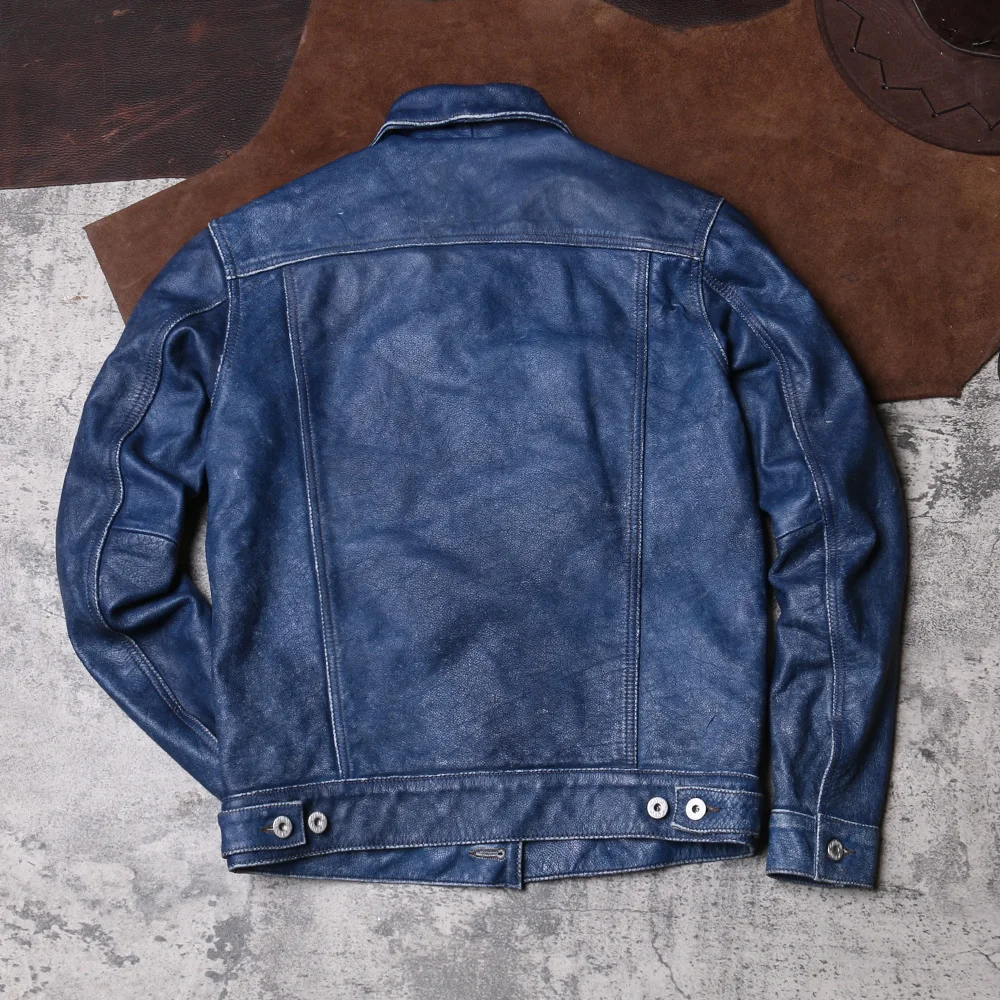 2022 винтажная синяя Повседневная стильная мужская куртка из натуральной кожи