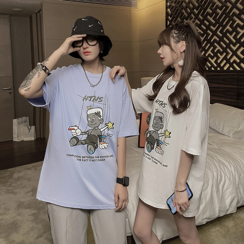 

Dropshipping Harajuku Hip Hop Cartoon Print Short Sleeve Tee Shirt Men Women Fashion Casual Loose 100% Cotton Tshirt Couple Tops