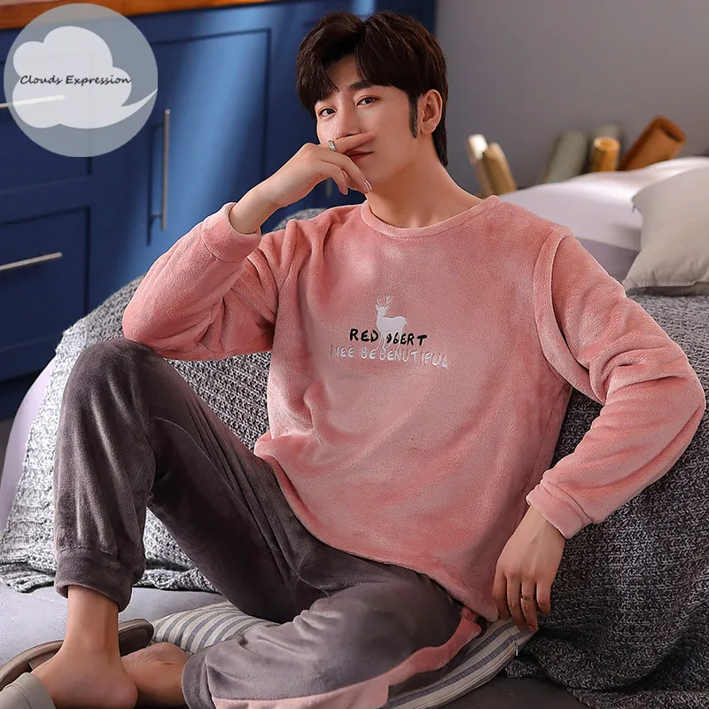 Пижамный комплект мужской фланелевый теплый тонкий пижамный одежда для сна с