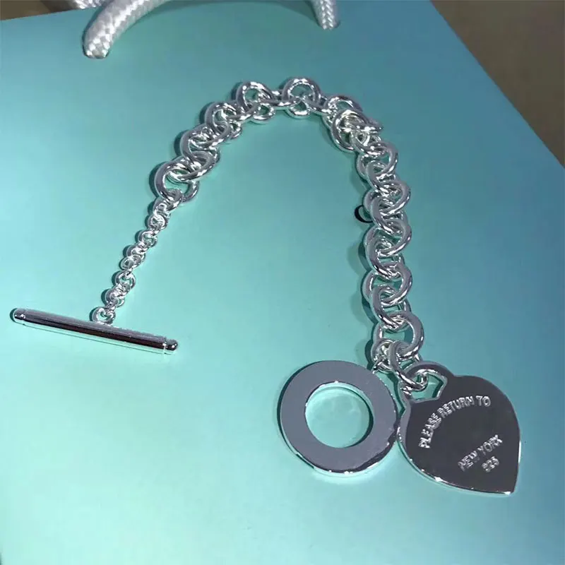 

TIF classic 925 sterling silver bracelet, heart-shaped label, original fashion jewelry, high-quality men's and women's bracelets