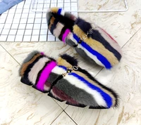 womens round toe rainbow colors real mink fur furry loafers warm winter metal chains shoes new 2022