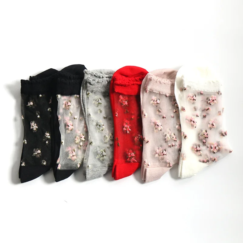 

2 Pair Breathable Ultra Thin Summer Socks Women Transparent Silk Lace Crystal Rose Flower Elastic Short for Female Stockings