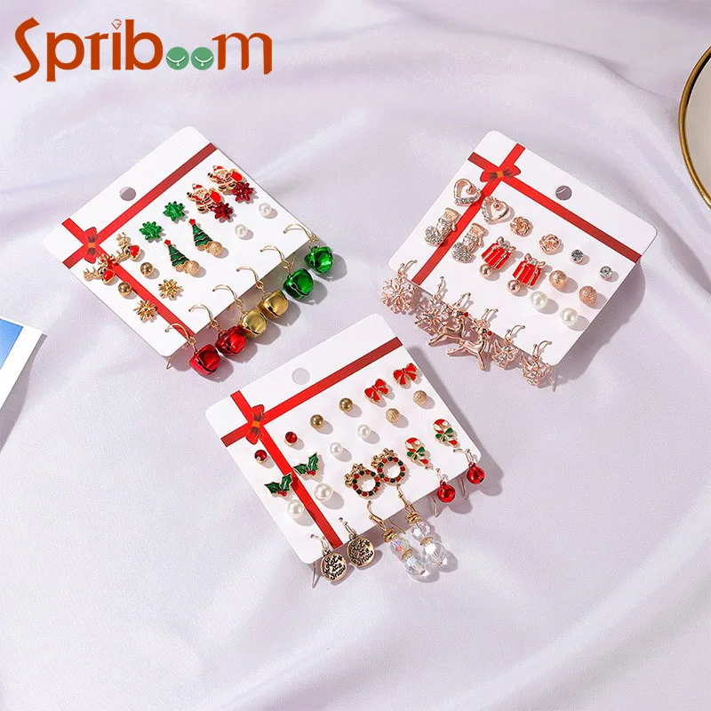 

12Pcs/set New Christmas Earrings Snowman Deer Bell Studs Earring Set for Women Fashion Jewelry Party Girls Christmas Gift