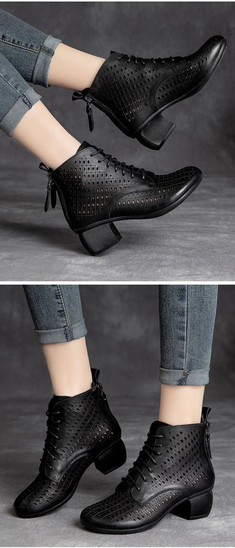 

2021 summer new thick heel retro hollow hole design round head high-top leather back zipper ladies sandals