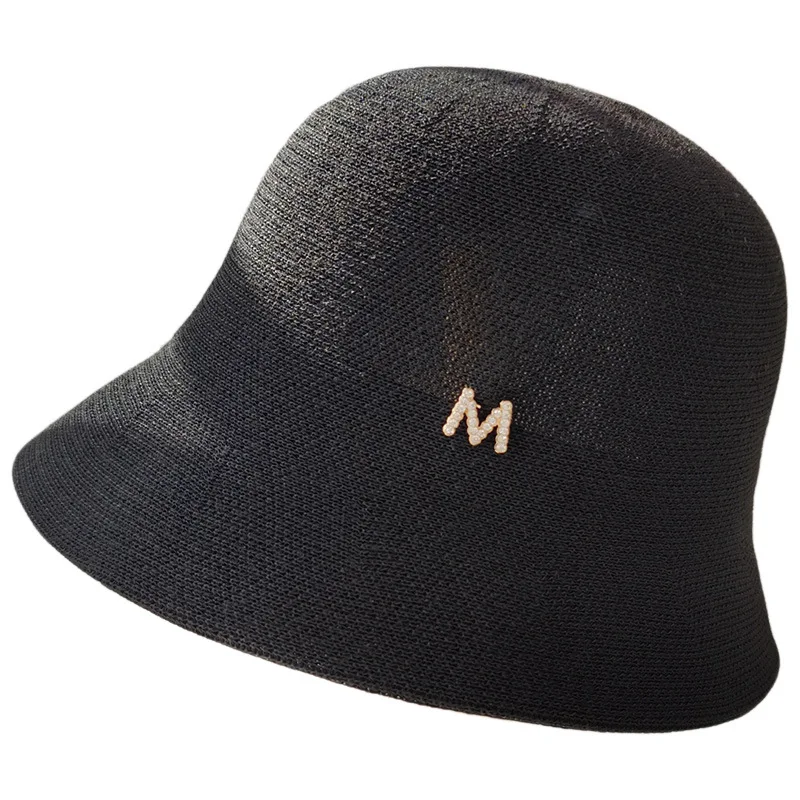 

Rhinestone Letters Knitted Fisherman Hat Women's Summer Thin and All-Matching Sun-Proof Basin Hat Foldable Small Bucket Hat