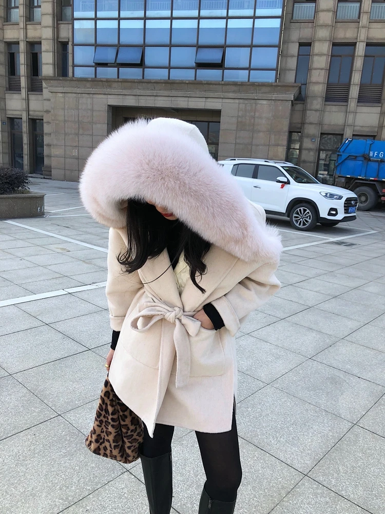 

New Arrival Gorgeous Real Wool Coat Fashion Female Oversize Natural Fox Fur Hood Cashmere Blend Coats Monteau Femme Hiver