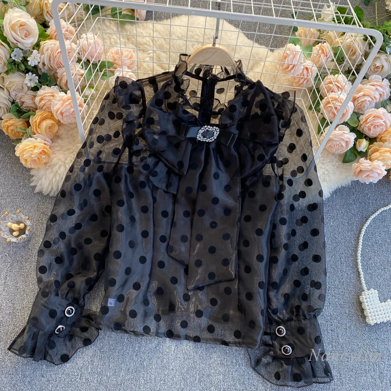 

Polka Dot Shirt Women's Bow Ruffled Stand Collar Slim Fit Lady's Organza Blouse Sexy Top Femme Nancylim