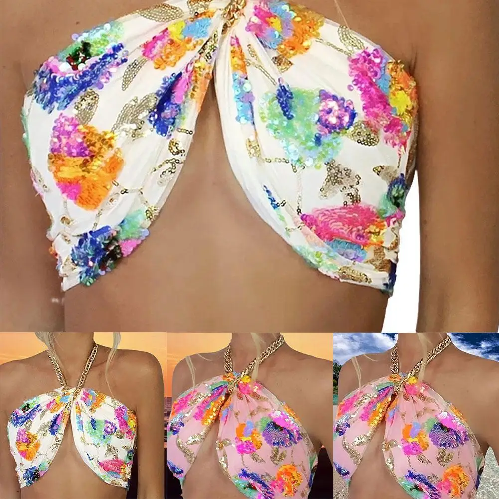 

Summer Sexy Vintage Sling Color Sequin Embroidered Women Halter Tanks Streetwear Backles Tops Party Slim Tube Tee Strap Cro E2u3