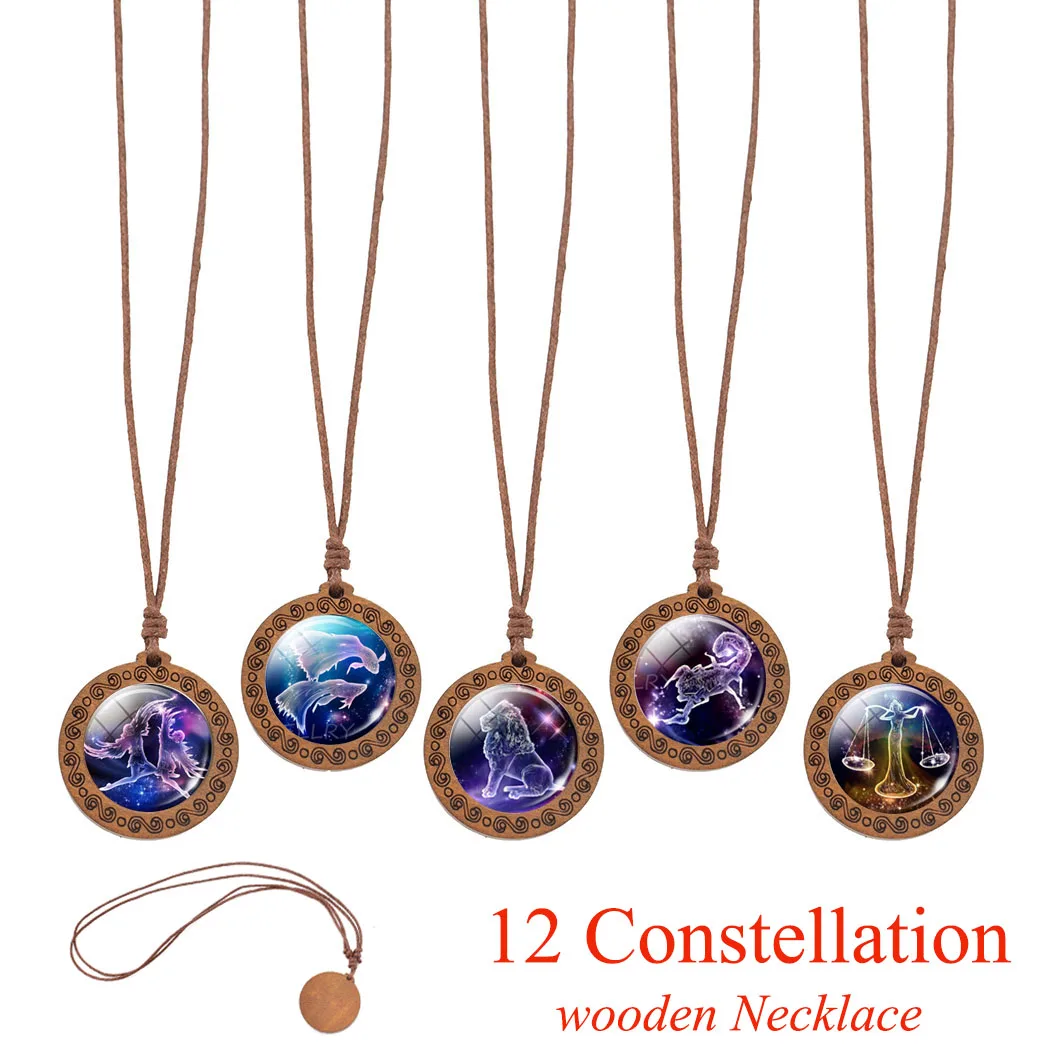 

12 Constellations Sign Wooden Neckalce Fashion Zodiac Jewelry Brown Wax Rope Chain Wood Pendant Women Birthday Gifts