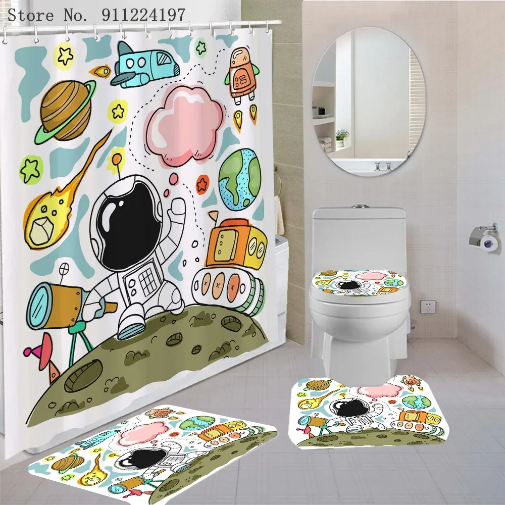 

4PCS Cartoon Astronaut Print Shower Curtain Floor Mat U Shape Mat Toilet Lid Cover Waterproof Polyester Bathroom Rugs Bath Mat