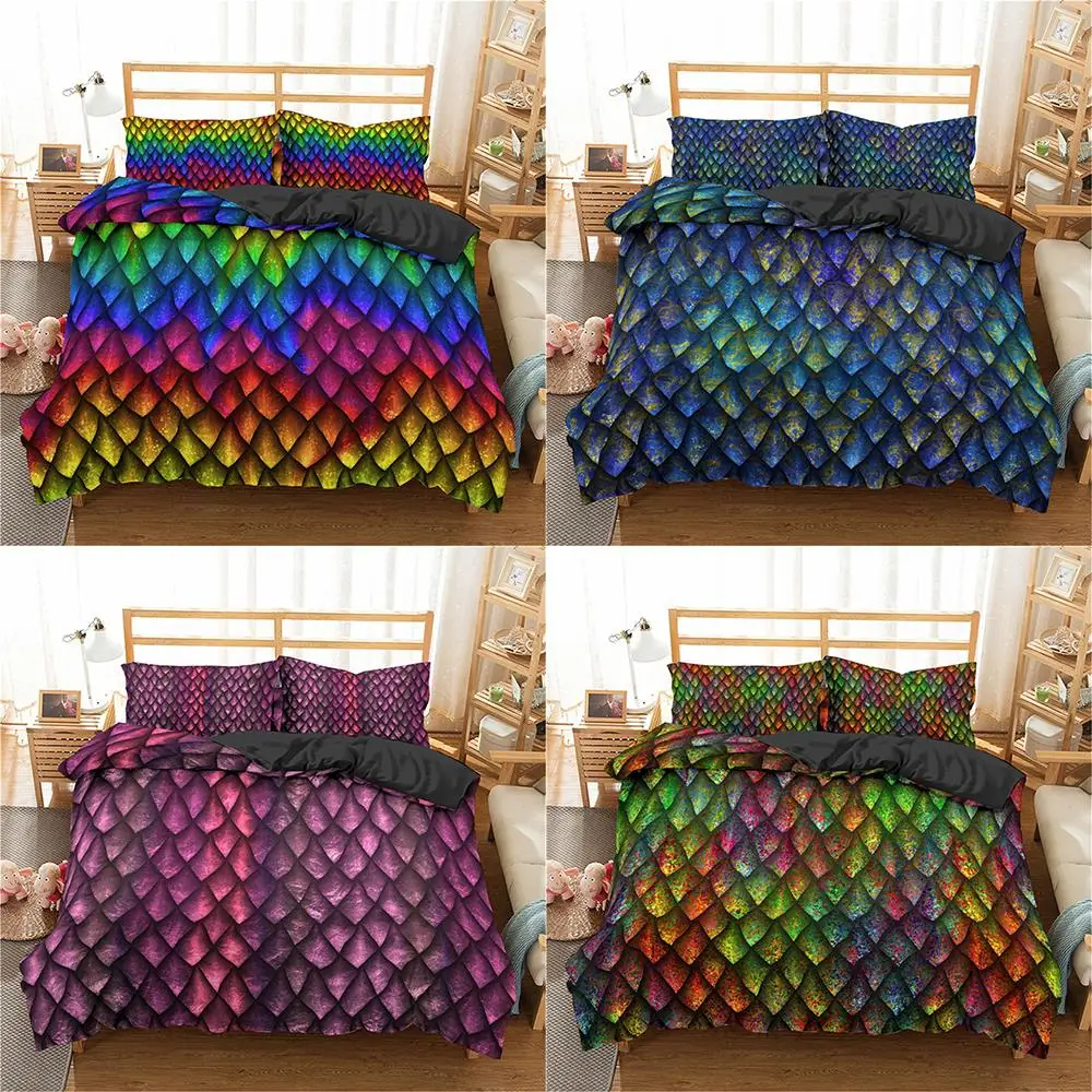 

2021 Dragon Scales Duvet Cover Set Rainbow Luxury Bedding Set King Queen Comforter Cover Set 3Pcs Bed Linen bedclothes