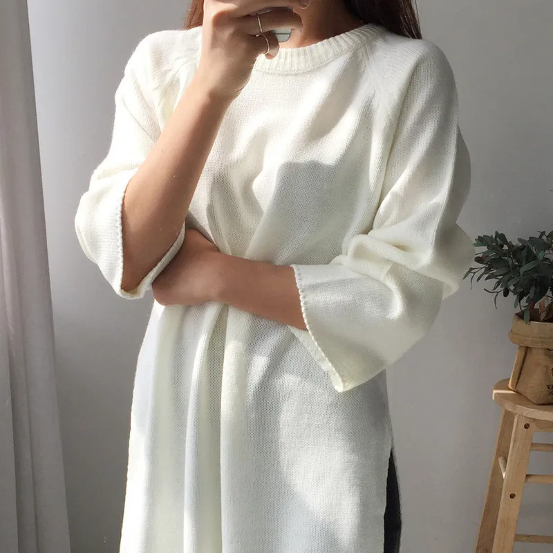 [EWQ] длинный рукав круглый вырез сплошной цвет Раздельный подол повседневный