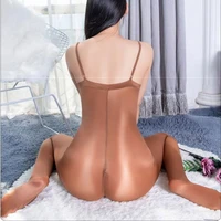 sexy shiny spaghetti strap jumpsuit with zipper crotch see through tight bodycon shapewear women smooth bodysuit sheer catsuit