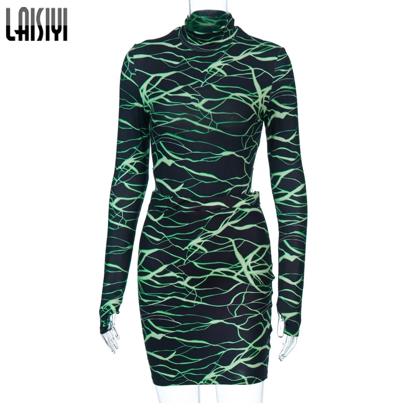 Green LAISIYI Мода Змея 2 комплект из двух предметов для женщин осень зима одно плечо укороченный топ Высокая талия юбка Сексуальная Клубная одежда костюмы с принтом - Цвет: Green