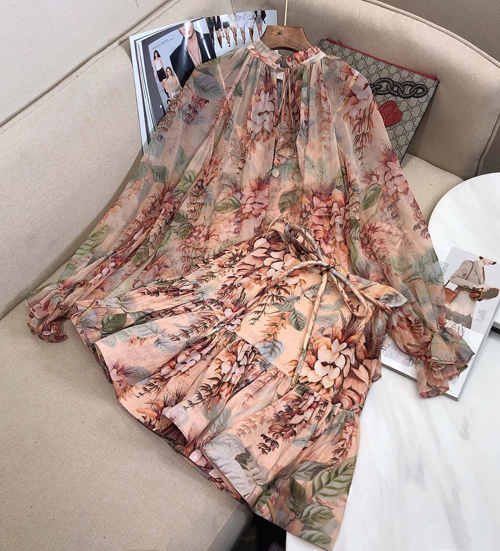 2021 summer new lace-up fungus collar silk long-sleeved top + high waist half skirt two-piece suit high-quality silk suit