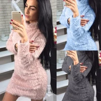 new for 2020 women autumn winter fur turtleneck long sleeve sweater solid color sexy night club dress