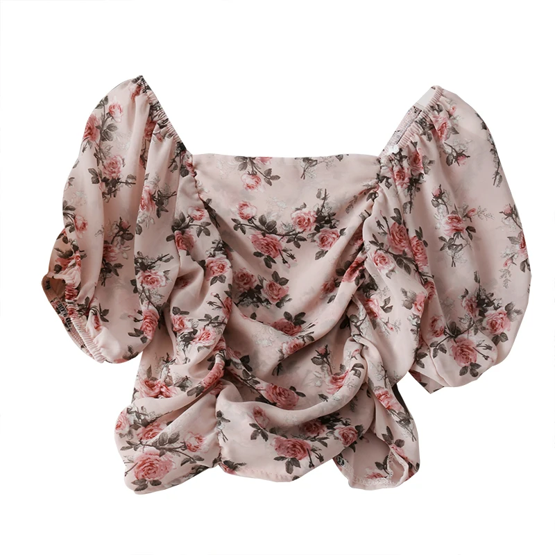 

Small fresh design sense pleated short printed chiffon blouse women's 2019 new one shoulder foam sleeve top