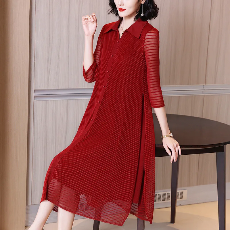 

VANOVICH Fold Mesh Pluz Size Women Dress Spring and Summer 2021 New Solid Color Casual Europe Women Clothing