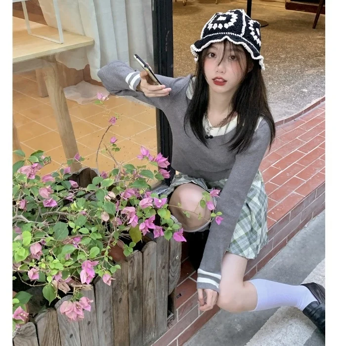 Осень 2021 воротник поло в стиле пэчворк имитация двух частей шерстяной свитер