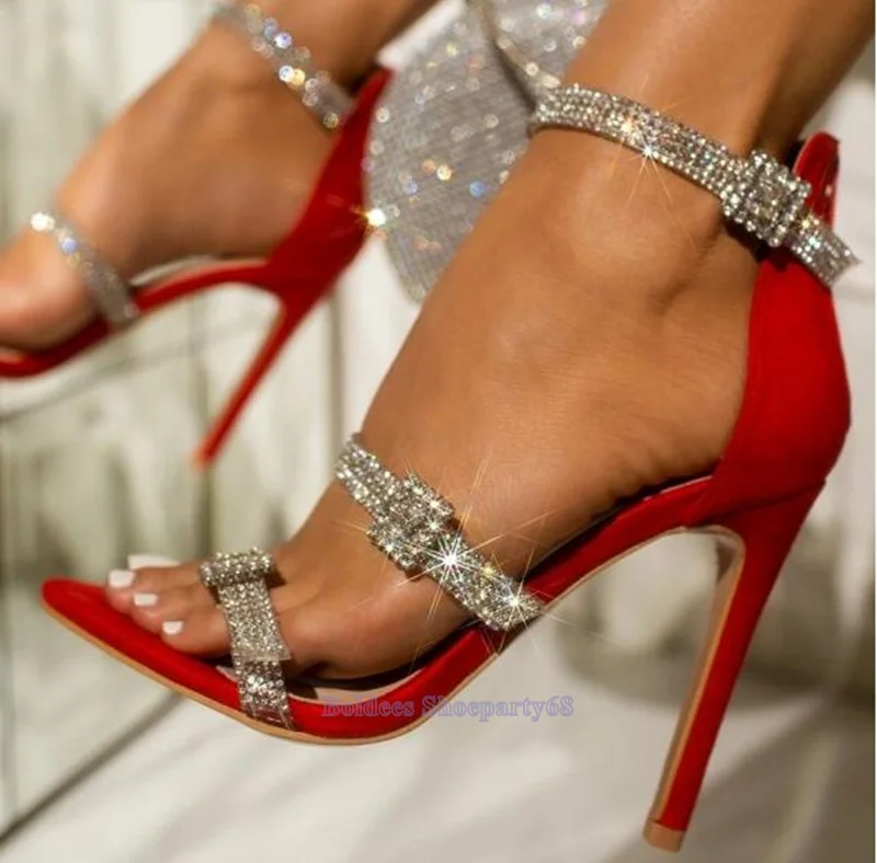 Пикантные красные туфли стразы на тонком каблуке прозрачные сандалии из пвх