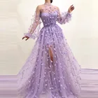 Сексуальное женское платье для выпускного вечера с разрезом спереди, шикарное платье с цветочной аппликацией и длинными рукавами, вечерние платья до пола