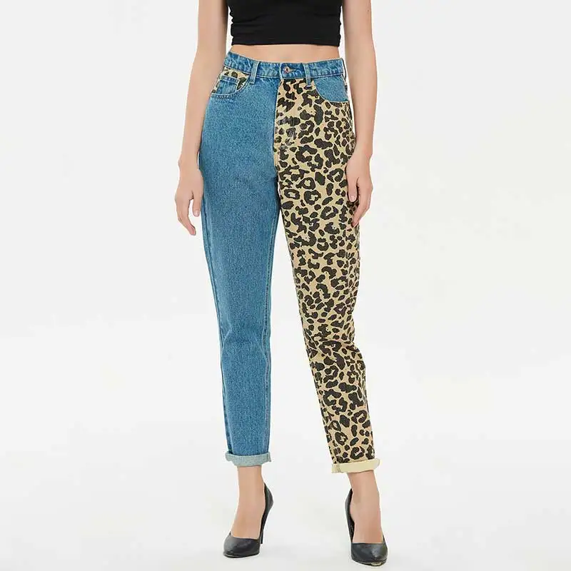 Fashion Loose Mom Jeans Women High Waist Trousers Straight Boyfriend Pants Leopard Pattern Color Matching Patchwork Jeans