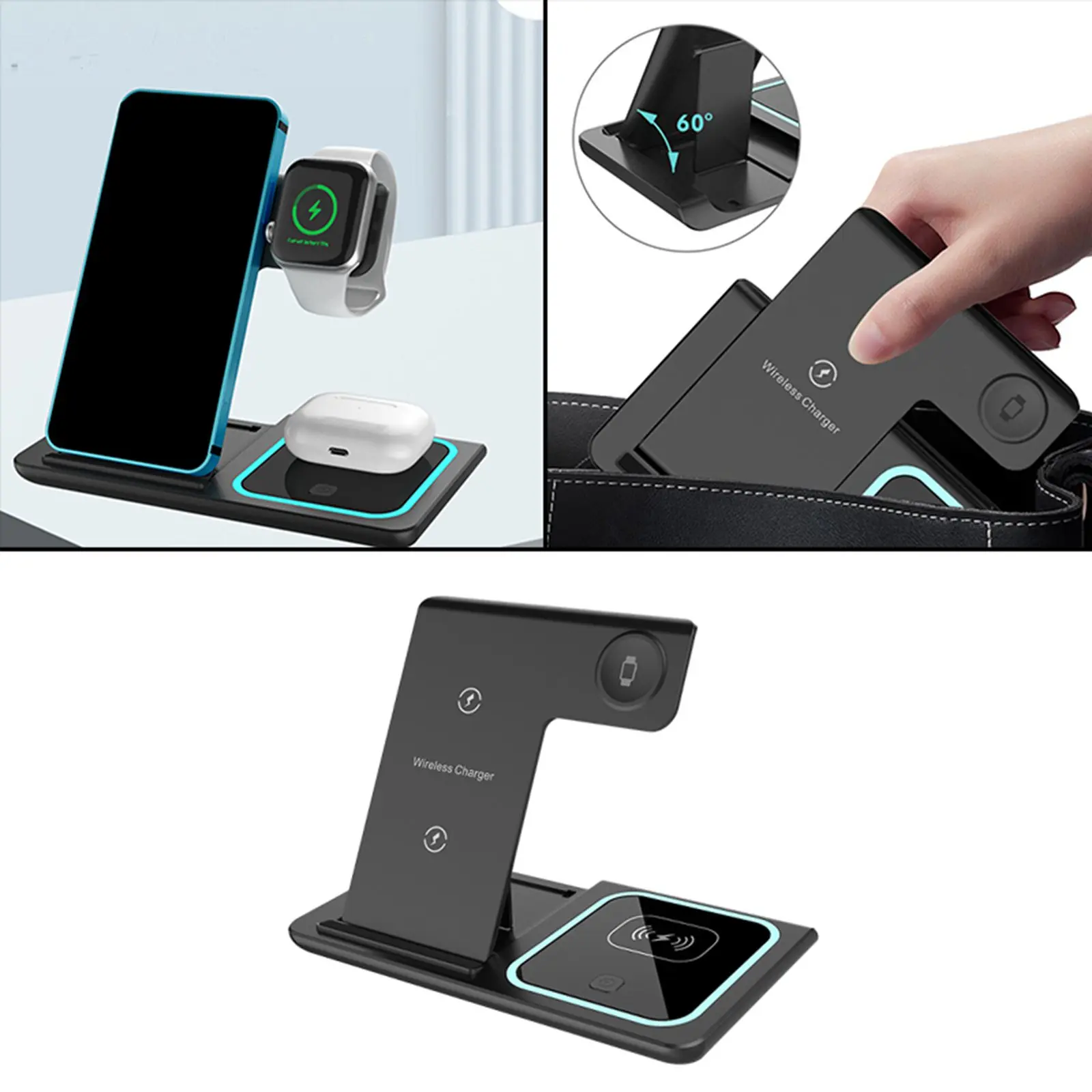 

Wireless Charger, 3 in 1 Charging Station for iwatch Smartphone Earbuds Headphones, with smart identifications