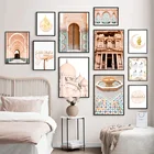 Винтажный настенный плакат с мусульманской архитектурой, настенный постер на холсте с изображением дверей мечети, цветов, арабская каллиграфия, художественный принт, домашний декор